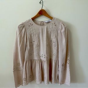 & Other Stories Linen Eyelet and Scalloped Peplum Blouse